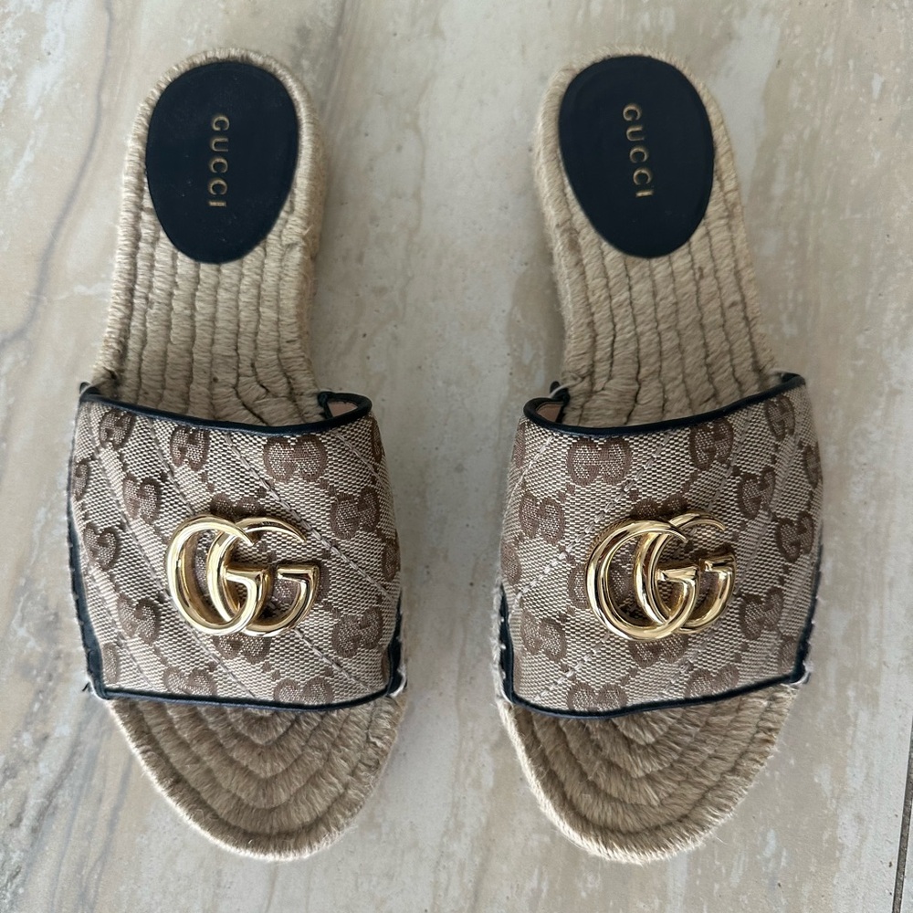 Gucci Brown Monogram Espadrille Slide Sandals with Gold Double G